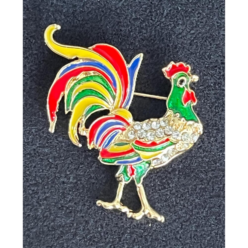 Vintage 80s Colorful Rooster Enamel & Rhinestone Farm Animal Pin/Brooch